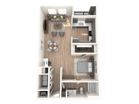 Floor plan for 1 bed, 1 bath, 701 sqft